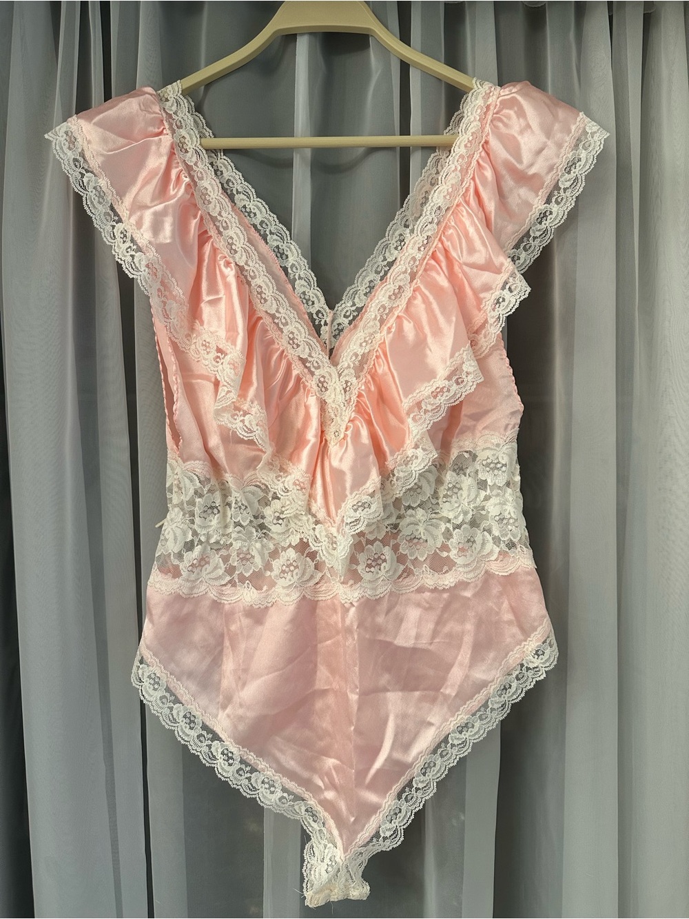 VTG Lily of France Pink Lace Trim Satin Bodysuit
